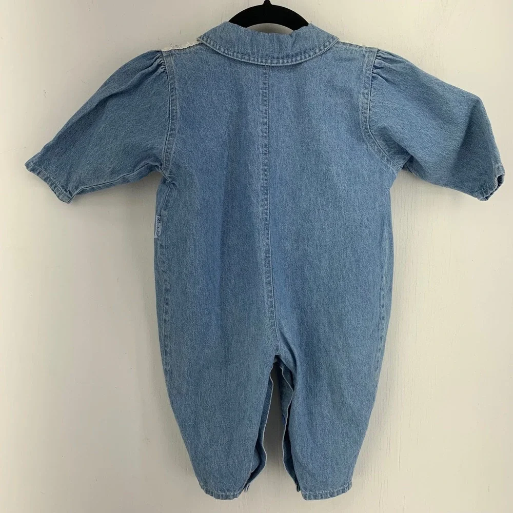 Vintage San Francisco Blues Baby Girl Denim Lace Floral Romper 12M 90s Cottage
